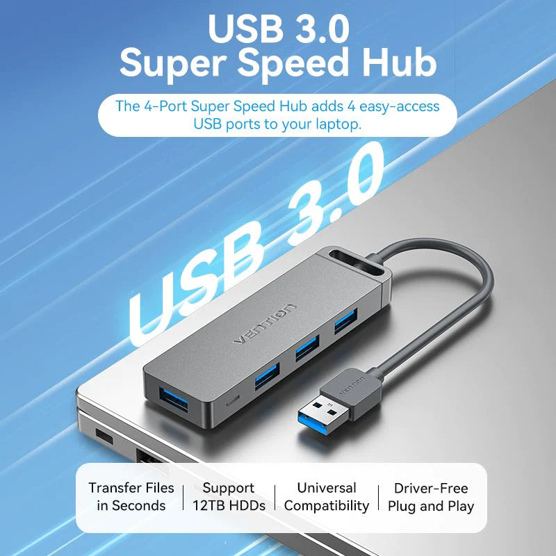 Vention 4-Port USB 3.0 Hub With Power Supply 0.15/0.5/1M Black/Gray