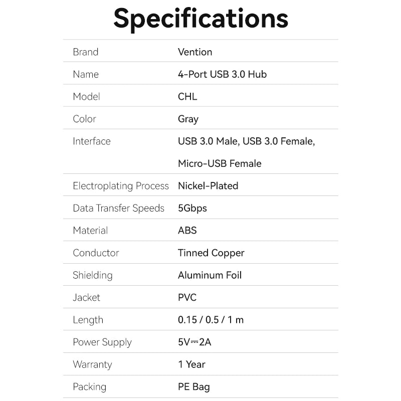 Vention 4-Port USB 3.0 Hub With Power Supply 0.15/0.5/1M Black/Gray